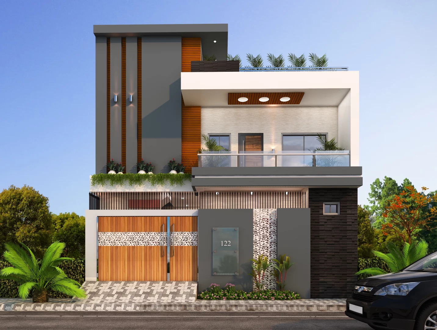 3d front elevation design with a chic modern look. 