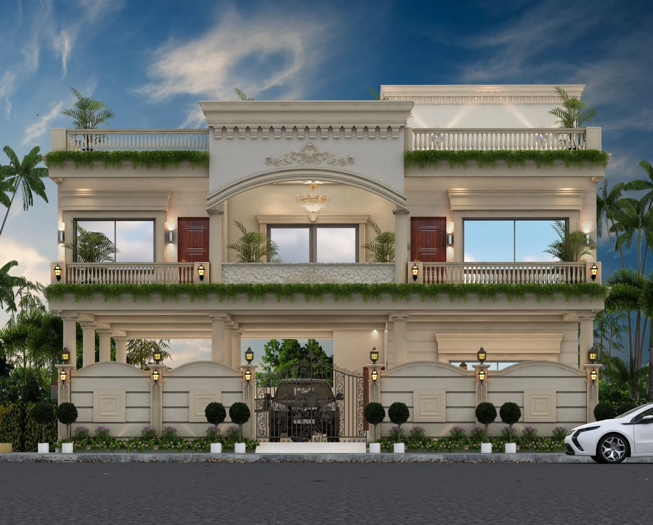 Double floor 3D elevation house design. This is based on traditional architecture.  