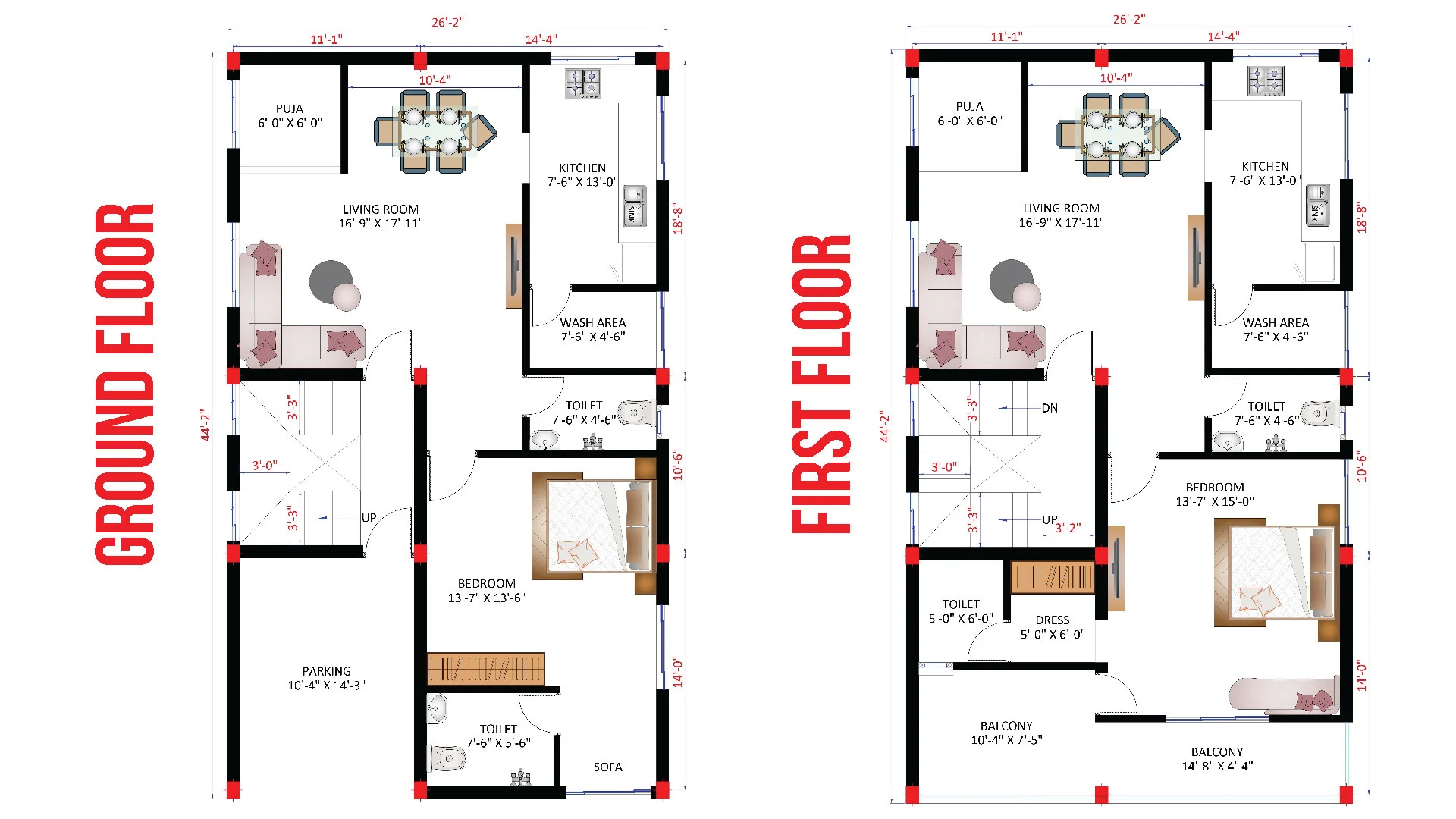 duplex 44x26 house plan