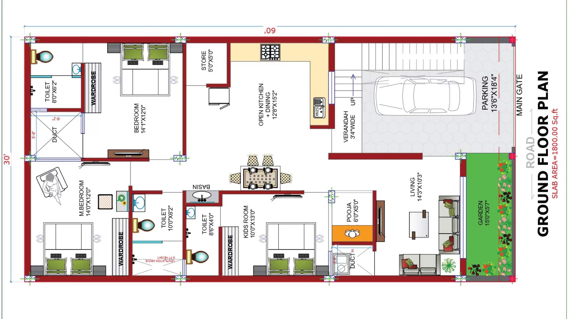 30x60 3 bedroom house plan
