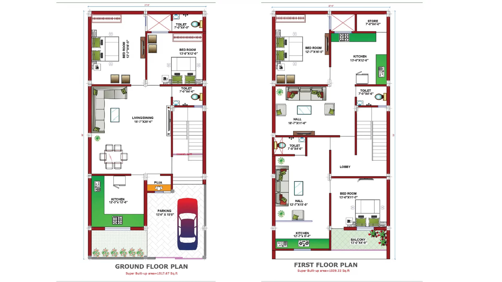 58 x 27 three bedroom house plan