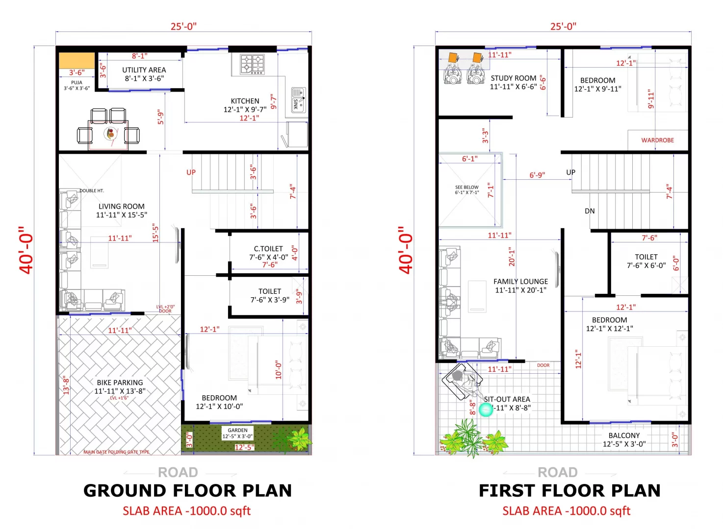 3 BHK 25x40 House Plan