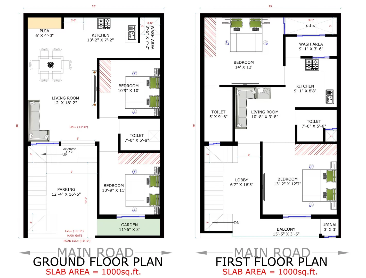 Ground Floor + First Floor 25x40 House Plan